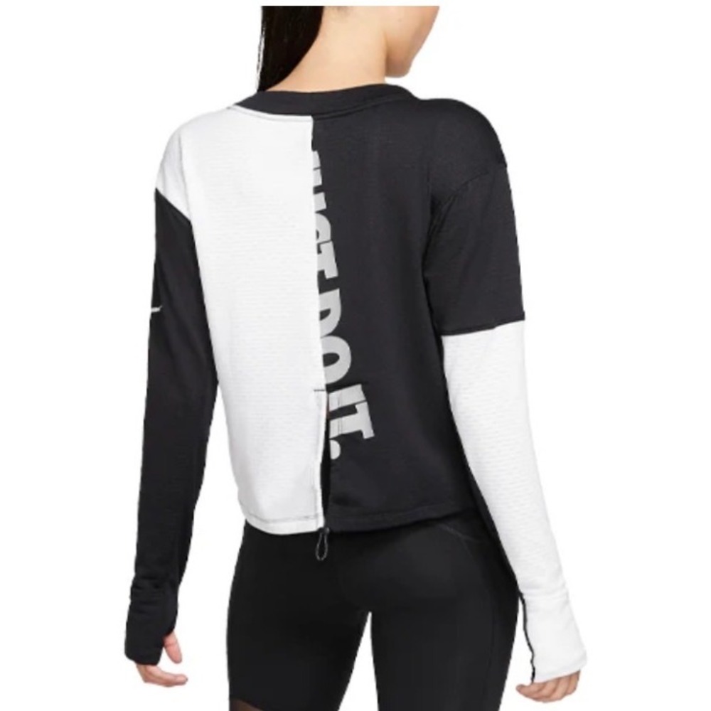 Nike Dri-FIT Just Do It Colorblock Long Sleeve Cropped Top Black White - XS
